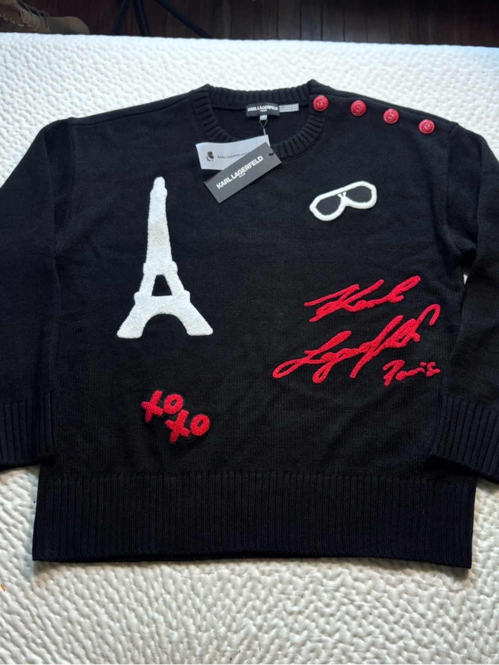 Karl Lagerfeld Black Crewneck Sweater with Red & White Embroidered Motifs